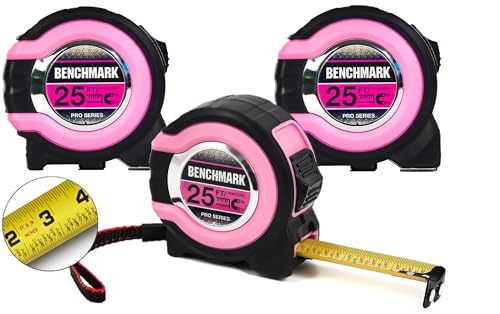 Benchmark - Pink - 3 Pack - 25 ft Tape Measures - Easy to Read Fractions to 1/8th inch - Magnetic Tip - Thumb and Quick Lock - Autowind - Belt Clip - size: Pink