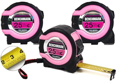 Benchmark - Pink - 3 Pack - 25 ft Tape Measures - Easy to Read Fractions to 1/8th inch - Magnetic Tip - Thumb and Quick Lock - Autowind - Belt Clip - size: Pink