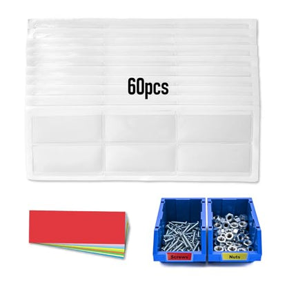 60-Pack Clear Plastic Self-Adhesive Label Holders with Kanban Cards and Insert Cards, Compatible with Most Akro-Mils Bins, Labeling Supplies for Cabinets, Shelves and Storage Bins