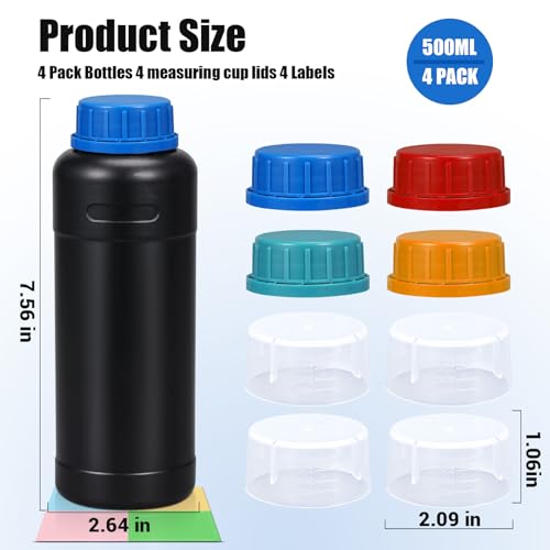 4 Pack 16oz Lightproof Black Plastic Bottles with Graduated Lids, Leak Proof Empty Liquid Containers, Travel Pill Bottles, Film Developing Kit & Sample Storage Bottles - size: 16oz