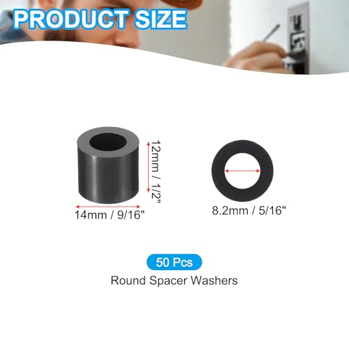 PATIKIL 50Pcs M8 ABS Spacers 5/16" ID x 9/16" OD x 1/2" L Plastic Round Spacer Washers Black Standoff Nut Unthreaded for M8 or 5/16 inch Screws Bolts Electrical Outlet - size: 5/16" ID x 9/16" OD x 1/2" L
