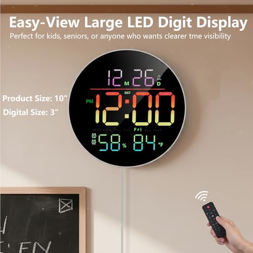 10" Round Digital Wall Clock for Bedroom, 13-Color RGB Model Large LED Display Electric Clocks with Remote for Classroom Home Office Living Room Garage Gym (Adapter Included) - color: Rgb