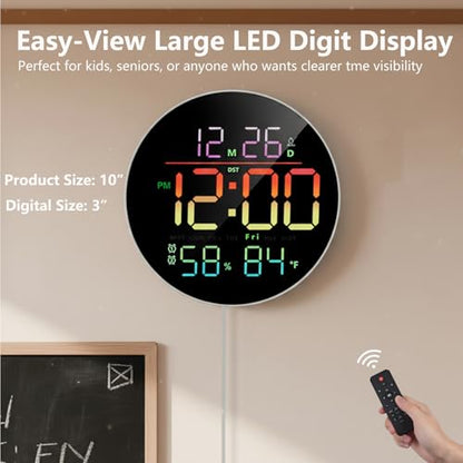10" Round Digital Wall Clock for Bedroom, 13-Color RGB Model Large LED Display Electric Clocks with Remote for Classroom Home Office Living Room Garage Gym (Adapter Included) - color: Rgb