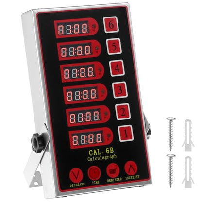 QWORK Kitchen Timers for Cooking – 6 Channel Commercial Kitchen Timer with Ultra-Loud Alarm, LED Display, No Battery Needed, for Restaurants and Catering