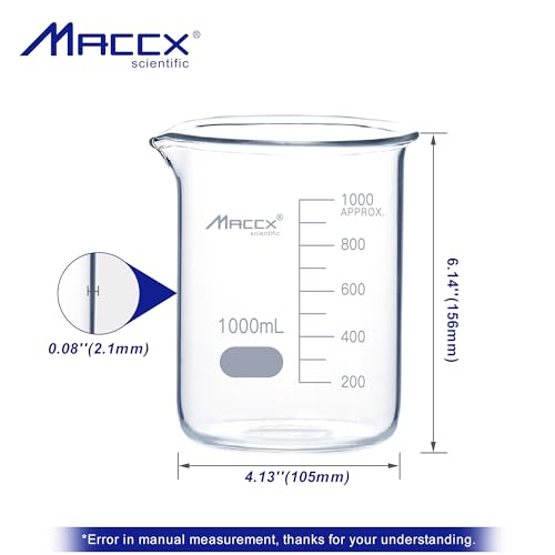Glass Beaker, Vol. 1000ml, 3.3 Borosilicate Griffin Low Form with Printed Graduation,Pack of 6, BKL1K0-006 - style: Vol.1000ml, Pack of 6