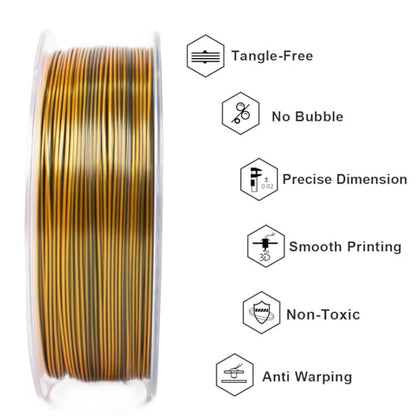 Geeetech Silk PLA Tri Color Filament 1.75mm 3D Printer Filament, Coextrusion Purple Gold Black Tri-Colors Metal-Like Shiny Silk PLA Filament, 1kg (2.2lbs) 1 Spool, Dimensional Accuracy +/- 0.02 mm - color: 1kg Triple Color Purple-gold-black