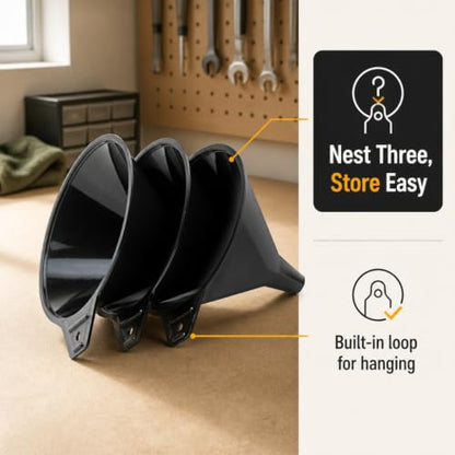 Plastic Funnels 3 Pack - Kitchen and Automotive Funnel Set - color: Black