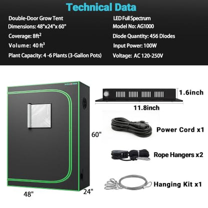 2x4 Grow Tent Kit with LED Grow Light, 48"x24"x60" 1680D Mylar Indoor Grow Tent Starter System with AG1000 100W Full Spectrum Dimmable Plant Light for Hydroponics, Herbs, Vegetables, Seedlings - size: 48" x 24" x 60"