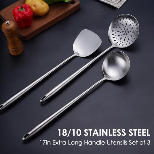 17″ Wok Spatula and Ladle, Skimmer Spoon - 304 Stainless Steel Wok Tool Set - color: 3-Pieces