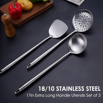 17″ Wok Spatula and Ladle, Skimmer Spoon - 304 Stainless Steel Wok Tool Set - color: 3-Pieces