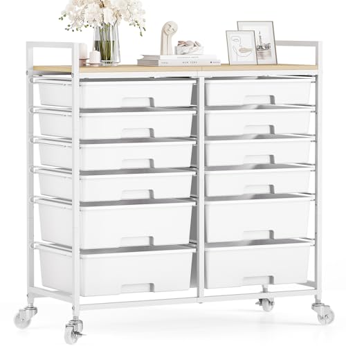 TOOLF 12 Drawers Rolling Storage Cart with Wooden Top for Classroom,White - color: White