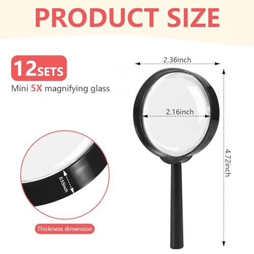 SenseYo 12 PCS Magnifying Glass 5X Mini Kids Magnifying Glass for Kids Reading Magnifier Magnifying Glasses for Kids Seniors