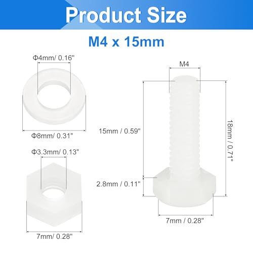 uxcell 300 Pcs/100 Sets Nylon Hex Bolts, M4 x 15mm Plastic Full Threaded Hex Head Screws Bolts and Nuts with Flat Washers for Machinery Electronics Industrial Accessories, White - size: M4 x 15mm