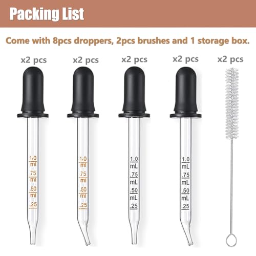 10Pcs 1ML Glass Eye Dropper Set, Storage Case, 2 Cleaning Brush, SGS Tested - color: 10-Piece Set