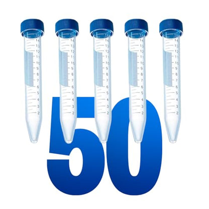 Polypropylene Conical Centrifuge Tubes - Plastic Test Tubes with Caps, Printed Graduation, Sterile, Blue Flat Screw Caps, for Medical and Laboratory Use (50, Conical 15ml) - size: Conical 15ml
