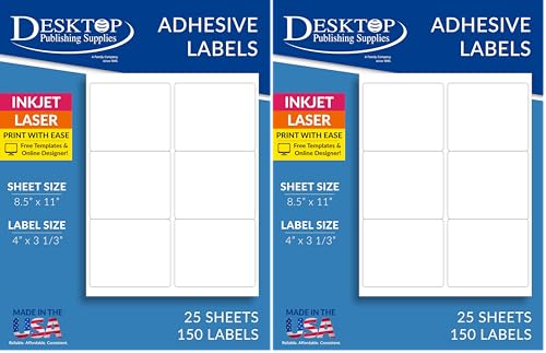 White Removable Labels - Shipping Label Size 4" x 3 1/3" - 6 per Sheet - for Inkjet/Laser Printers - 25 Sheets / 150 Labels (Pack of 2) - size: 4 x 1/3 inches (Pack of 2)