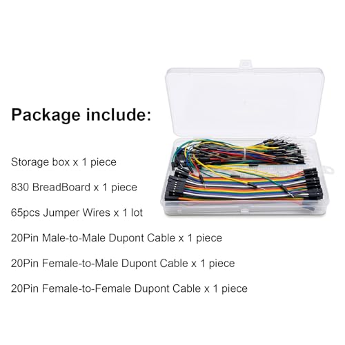 Breadboard Electronics Starter Kit Includes 830-Point Solderless Breadboard, 65-piece Breadboard Cables, and 60-Piece Dupont Wire Set (M-M, M-F, F-F) L15cm for Student Arduino Prototyping