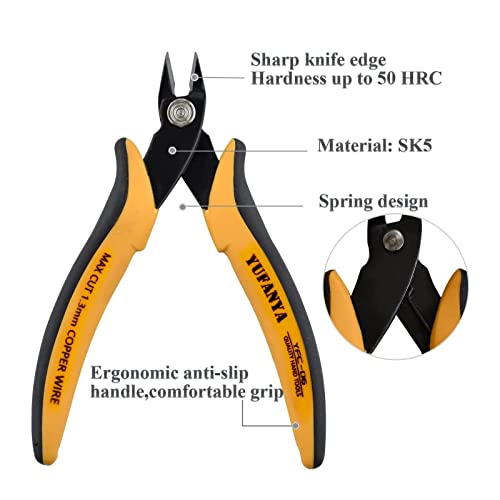 Micro Flush Cutter,Ultra Sharp Micro Wire Cutter Side Cutter with Internal Spring & Soft Rubber Handle,Diagonal Cuting Pliers for Electronics,jewelry making,Plastic,Zip Ties,Yellow & Black - size: 2 Pack
