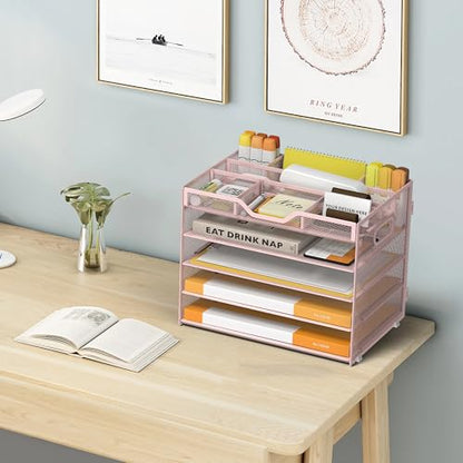 5 Tier Paper Letter Tray Desk Organizer with Pen Holders - Pink - color: 5 Tier-Pink, size: 12.5" x 9.1" x 10.3"