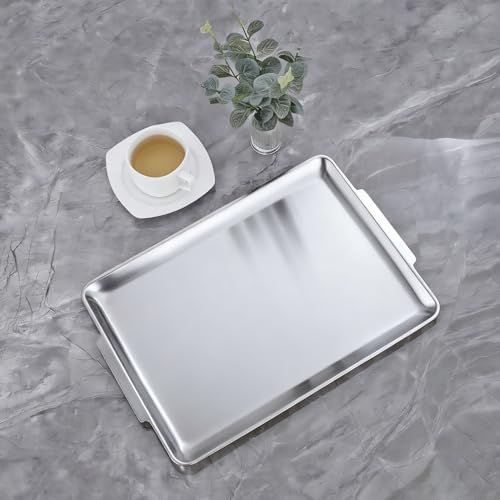 SANQIAHOME 16.3" x 11" Silver Serving Trays Set of 2, Stainless Steel - color: Silver-40x28cm