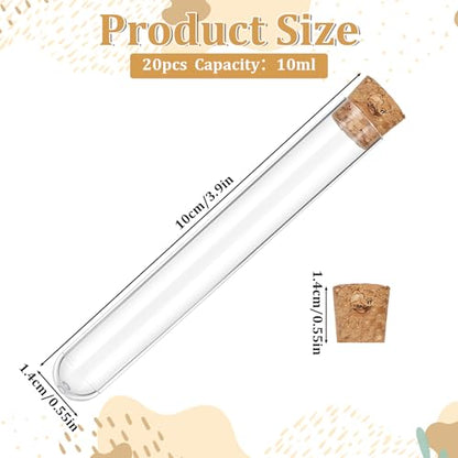 20 PCS Clear Plastic Test Tubes with Cork Stoppers, 10ml Transparent Vials Test Tube Container for Plants, Candy, Beads, DIY Decoration, Liquid Storage