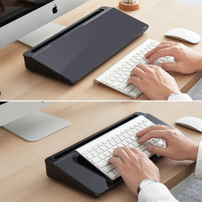 TSJ OFFICE Desktop Whiteboard Dry-Erase-Board - Computer Keyboard Stand White Board Surface Pad with Drawer, Desk Organizers with Accessories for Office, Home, School Supplies - Complete Black - color: Black Base/Glass