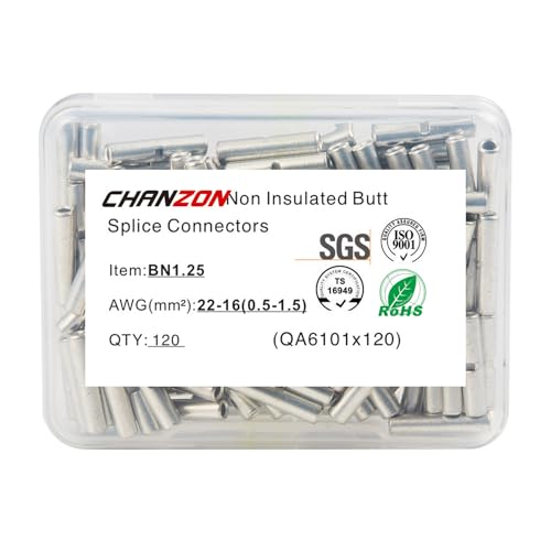 Chanzon 120pcs 22-16AWG Non Insulated Butt Connectors BN1.25 - size: 22-16 Gauge
