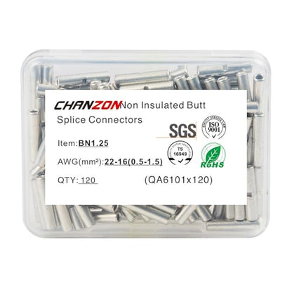 Chanzon 120pcs 22-16AWG Non Insulated Butt Connectors BN1.25 - size: 22-16 Gauge