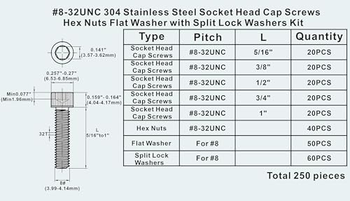 #8-32 UNC Stainless Steel Knurled Hex Socket Cap Screw Nut Washer Kit - size: #8-32UNC