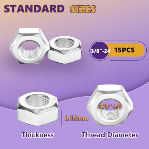 15Pcs SAE 3/8"-24 Hex Nut Set 304 Stainless Steel - size: 15Pcs-3/8"- 24