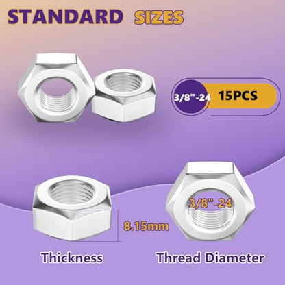 15Pcs SAE 3/8"-24 Hex Nut Set 304 Stainless Steel - size: 15Pcs-3/8"- 24