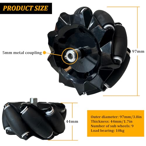 Premium 97mm Mecanum Wheels Compatible with Arduino Raspberry Pi Microbit, Robot Wheels, 4WD Omni Directional Tire with 4pcs Metal 5mm Coupling for AGV Robotic Moving Platform Robot Parts DIY Kit - color: Black, size: 97mm Wheel + 5mm Coupling