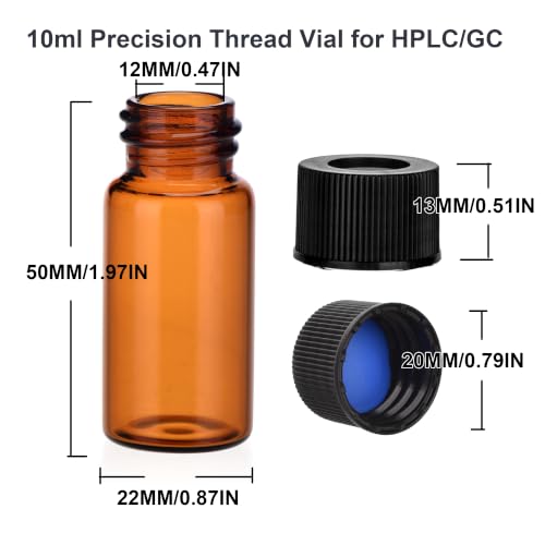 ESHATO 10ML Autosampler Vial, 100 Pack Lab Clear Vials HPLC/GC Vials 9-425 Sample Vial Screw Cap White PTFE and Silicone Septa for LC Stamper(Brown) - size: 10ML