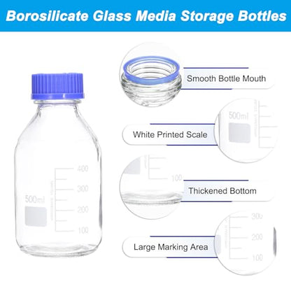 PATIKIL 10 Pack Reagent Media Storage Bottles, 500ml Borosilicate Glass Graduated Round Bottles with GL32 Blue Screw Cap for Lab Water Reagent Liquids, Clear - size: 500ml
