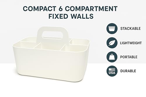 Small Stackable Plastic Caddy with Handle 6 Compartment | Desk, Makeup, Dorm Caddy, Classroom Art Organizers - 4 Pack, Made In USA (Ivory) - color: Ivory