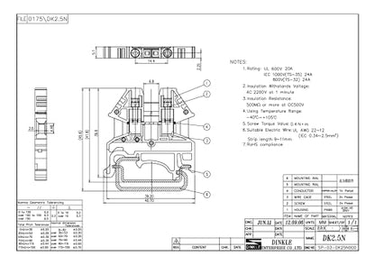 DIN Rail Terminal Blocks Kit by International Connector 20 Dinkle DK2.5N DIN Terminal Block Connectors 12-22 AWG Gauge 20A 600V, Ground Blocks, Jumpers, End Covers, End Brackets on 8'' Aluminum Rail