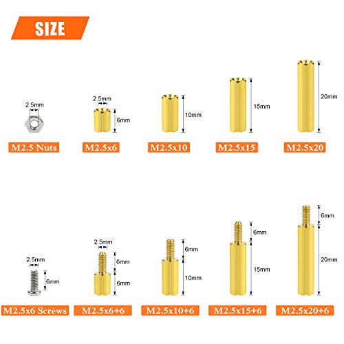 HELIFOUNER 200 Pieces M2.5 Male Female Hex Brass Spacer Standoff Screw Nut Assortment Kit - size: M2.5 Brass Standoff Kit
