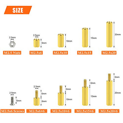 HELIFOUNER 200 Pieces M2.5 Male Female Hex Brass Spacer Standoff Screw Nut Assortment Kit - size: M2.5 Brass Standoff Kit