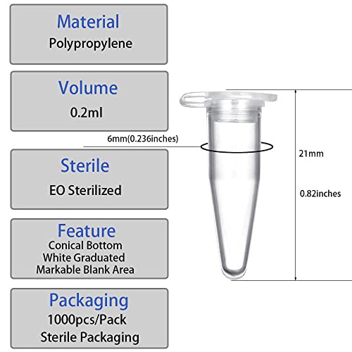 0.2ml Microcentrifuge Tubes 300 Pieces, EO Sterilized Plastic Small Vials with Caps for Sample Storage Without Leakage(300) - size: Sterile 0.2ml 300pcs