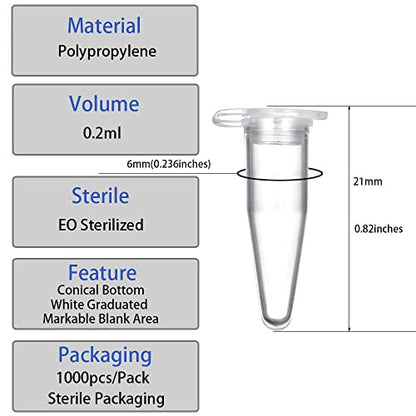 0.2ml Microcentrifuge Tubes 1000 Pieces, EO Sterilized Plastic Small Vials with Caps for Sample Storage Without Leakage(1000) (Pack of 3) - size: Sterile 0.2ml 1000pcs (Pack of 3)