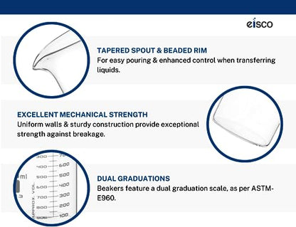 EISCO 12PK Beakers, 20ml - ASTM - Low Form with Spout - Dual Scale, White Graduations - Borosilicate 3.3 Glass