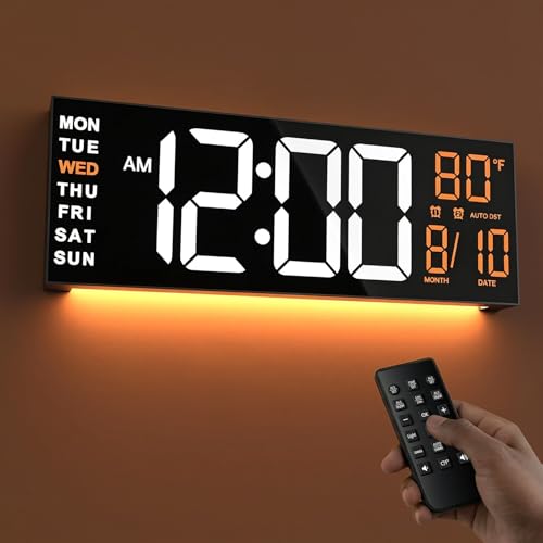 JALL 16" Large Digital Wall Clock with Remote, Back to School Classroom, Gift for Student Teacher, Big LED for Seniors, Auto Dimming, 8 RGB Colors, Night Light, Timer, Temperature for Living Room - color: White Orange, size: 16 inches
