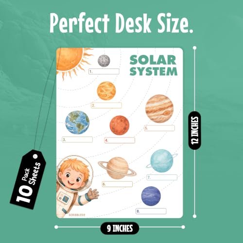 Scribbledo Solar System Dry Erase Sheets Pack of 10, 9x12 Inch 8 Planets Labeling Worksheet Blank Side for Drawing Reusable Space Science Activity for Classroom & Homeschool