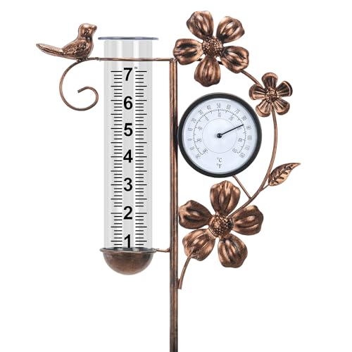 shumi Rain Gauge Outdoor with Thermometer, Decorative Bird Rain Gauge - color: Copper-thermometer
