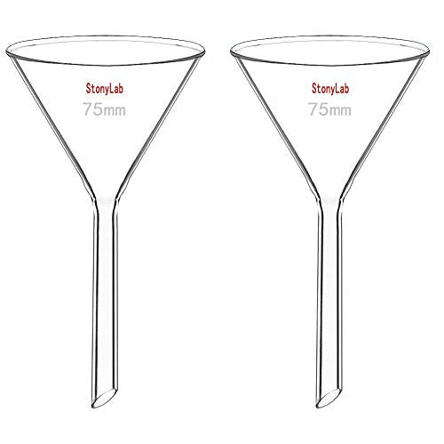 StonyLab 2-Pack Glass Heavy Wall Funnel Borosilicate Glass Funnel, Short Stem 75mm Diameter, 75mm Stem Length - size: D75-L75 mm