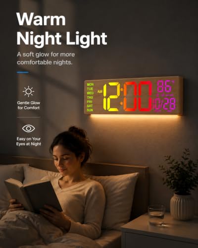 HAITANG 16.2" Wood Digital Wall Clock, 8 Colors, Remote & Night Light - color: Wood