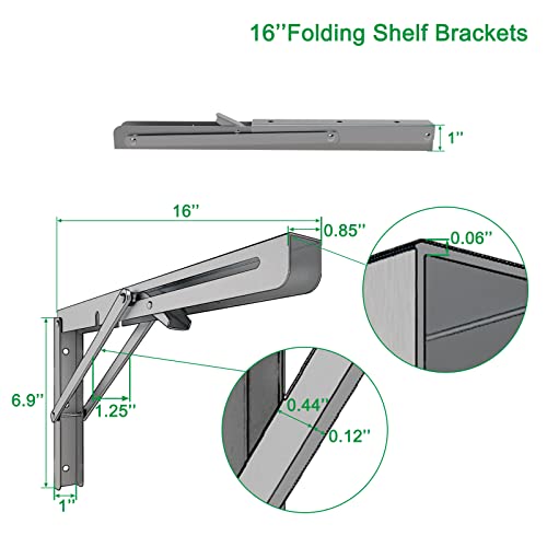 MySit 16" Folding Shelf Brackets 4 PCS, Max Load 550lb Heavy Duty Stainless Steel DIY Collapsible Wall Mounted L Shelf Bracket Space Saving for Table Work Bench (Pack of 2) - size: 16 Inch (Pack of 2)