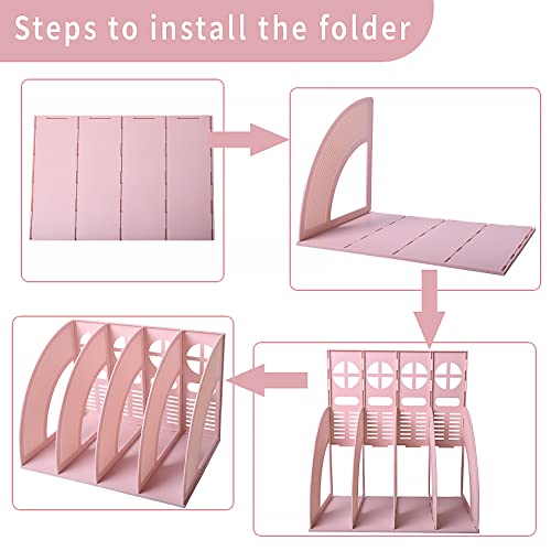 SAYEEC Sturdy Magazine Holder 4 Compartments Plastic Desktop File Organizer File Dividers Office Organizer Storage Document Magaizne Rack Display Box (Pink) - color: Pink-4 Sections