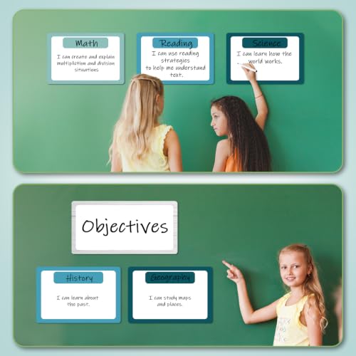 7 Pack Magnetic Write & Wipe Paper Organization Chart, Green Blank Dry Erase Objectives Labels Learning Magnets with 1 Black Pen & 30x20cm Back Card - style: Green