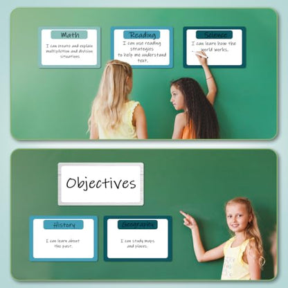 7 Pack Magnetic Write & Wipe Paper Organization Chart, Green Blank Dry Erase Objectives Labels Learning Magnets with 1 Black Pen & 30x20cm Back Card - style: Green